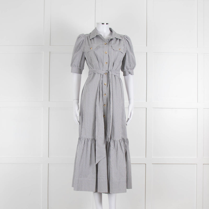 ME + EM Faded Grey and White Micro Stripe Short Sleeve Shirt Dress