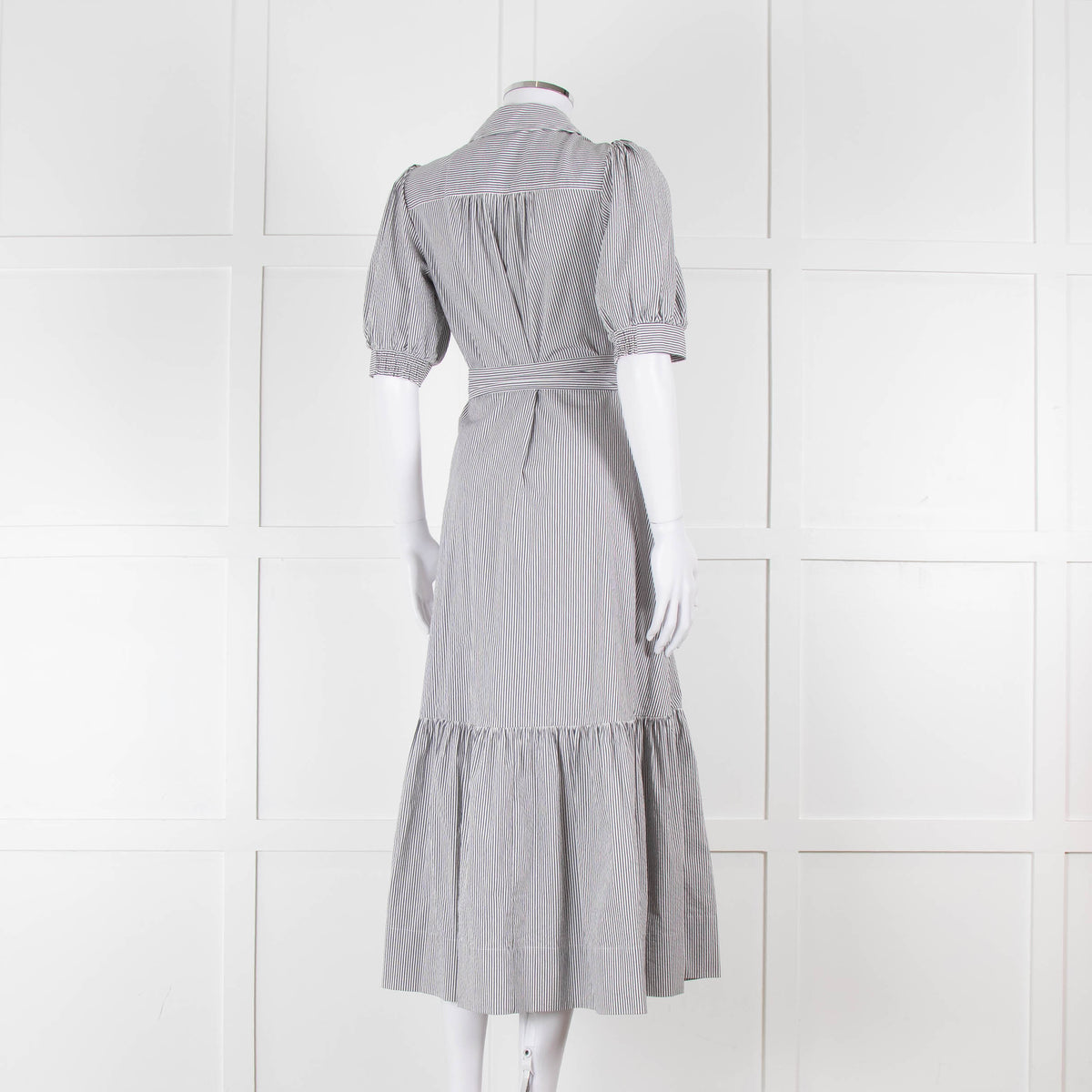 ME + EM Faded Grey and White Micro Stripe Short Sleeve Shirt Dress