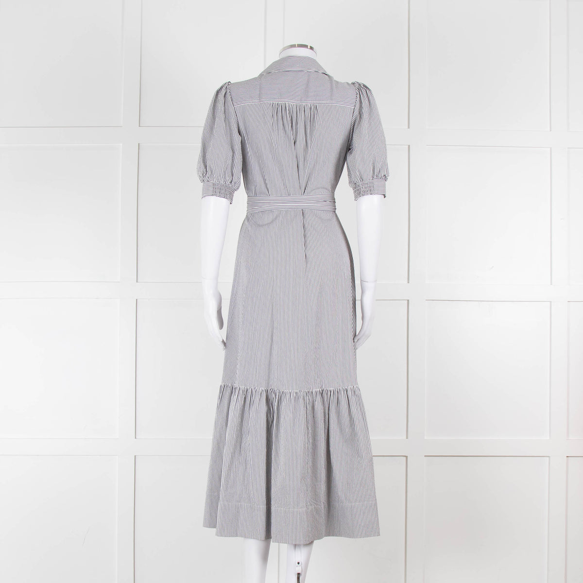ME + EM Faded Grey and White Micro Stripe Short Sleeve Shirt Dress