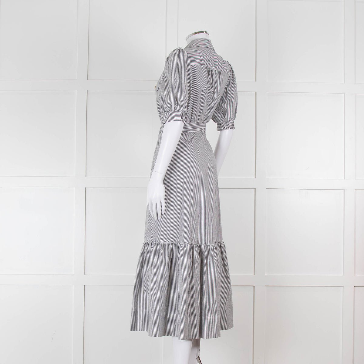 ME + EM Faded Grey and White Micro Stripe Short Sleeve Shirt Dress