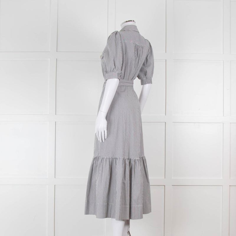 ME + EM Faded Grey and White Micro Stripe Short Sleeve Shirt Dress