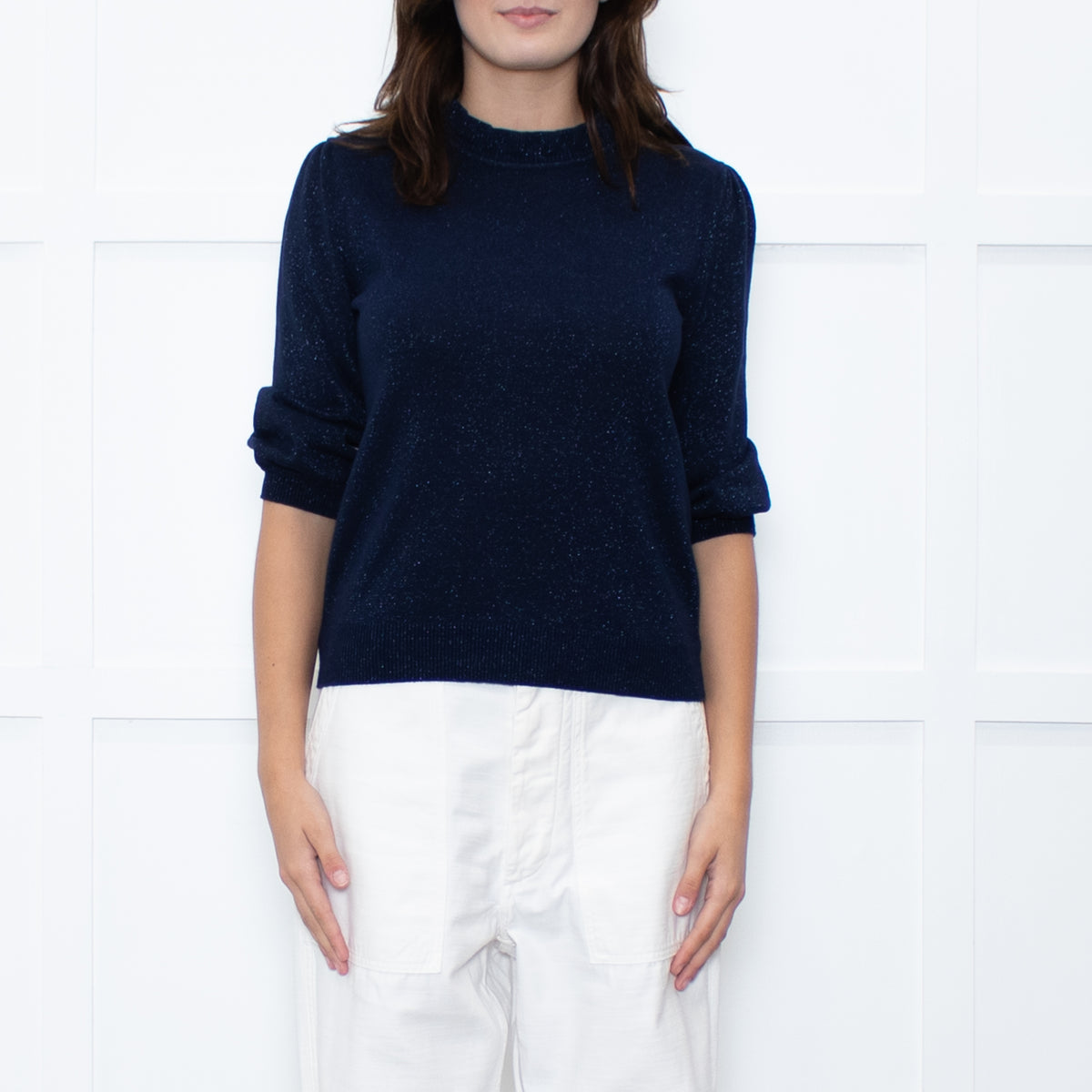 Wyse Navy Shimmer Frilled Trim Jumper