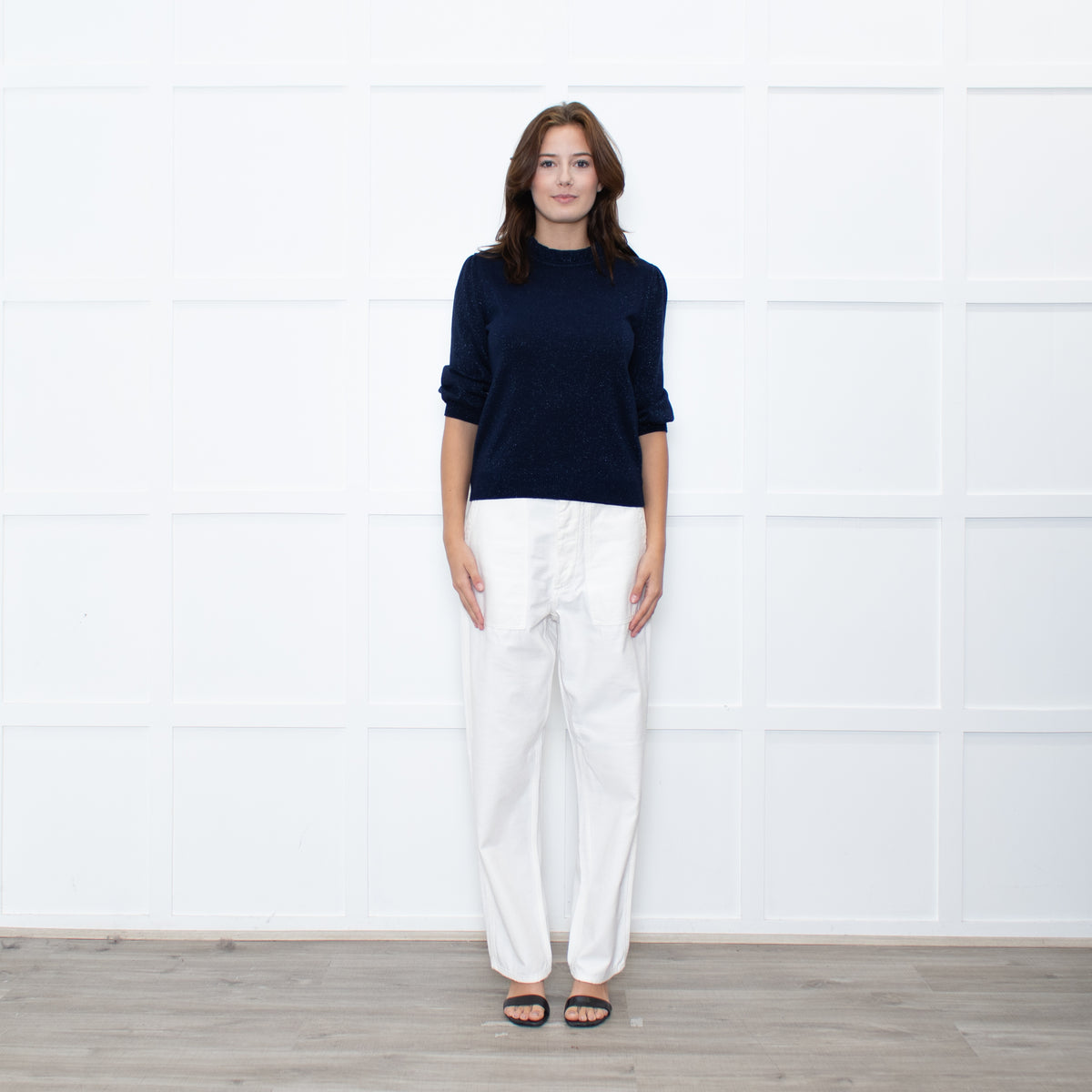 Wyse Navy Shimmer Frilled Trim Jumper