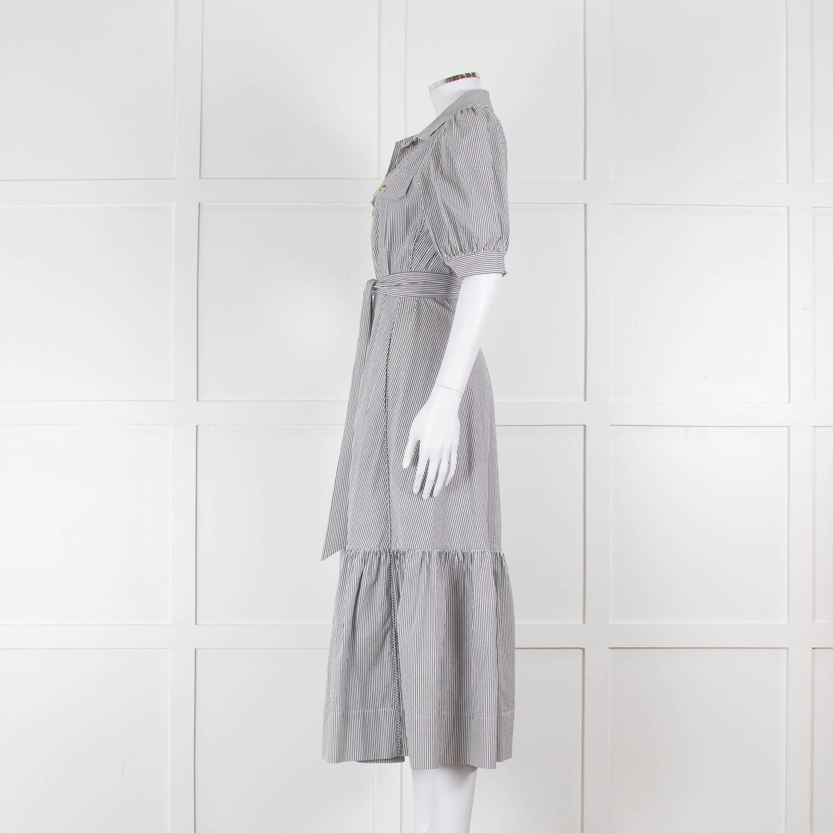 ME + EM Faded Grey and White Micro Stripe Short Sleeve Shirt Dress