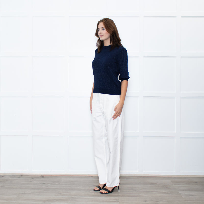 Wyse Navy Shimmer Frilled Trim Jumper