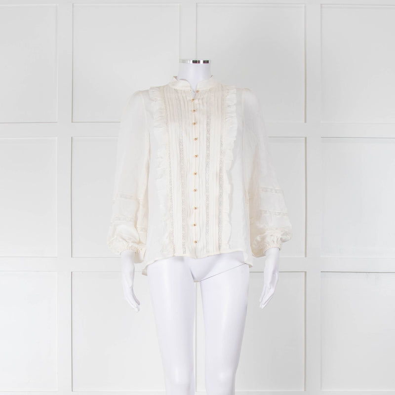 Zimmermann Cream Ruffle And Lace Trim Whitewave Pintuck Blouse