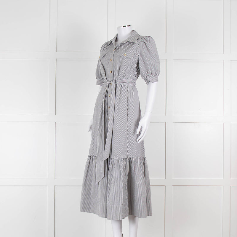 ME + EM Faded Grey and White Micro Stripe Short Sleeve Shirt Dress