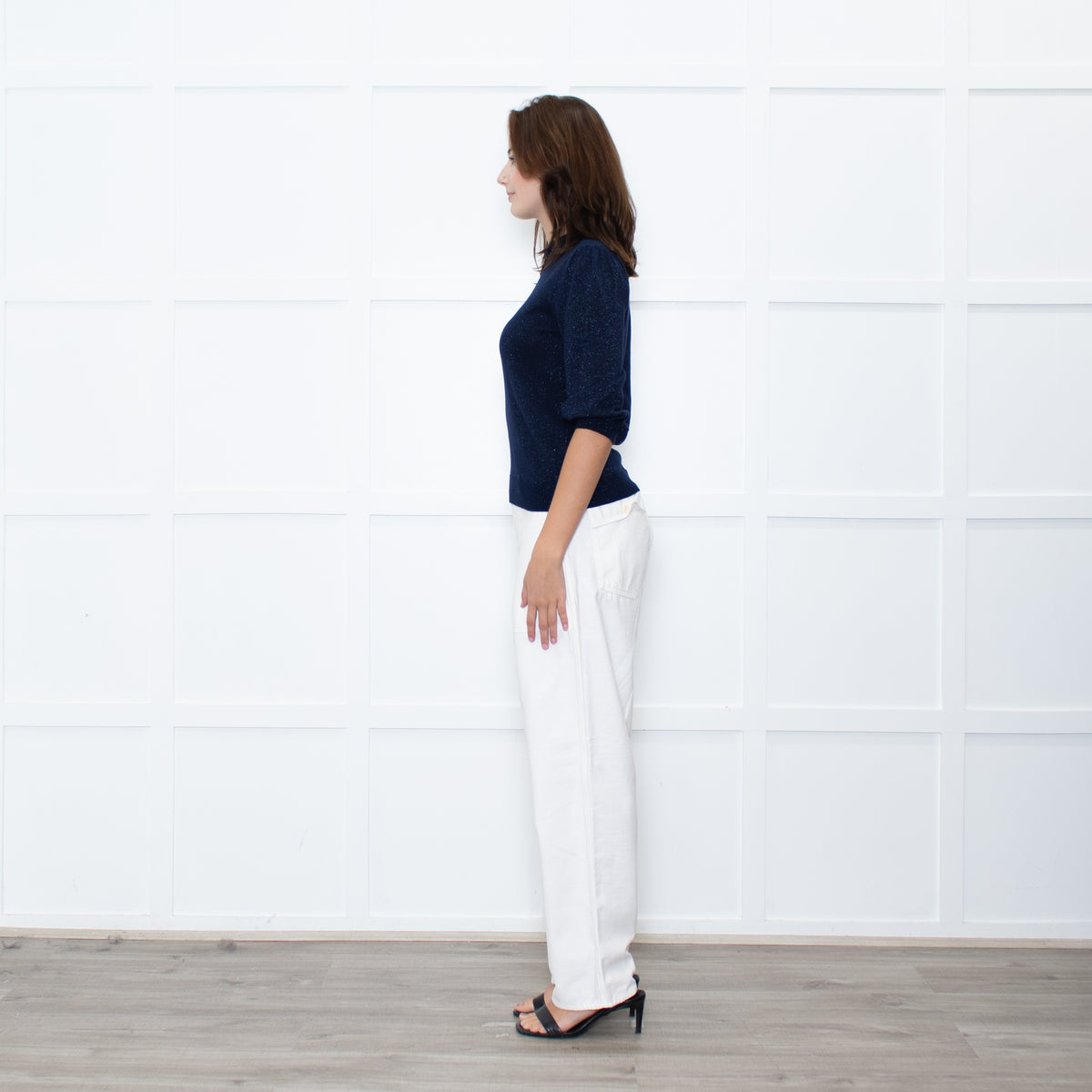 Wyse Navy Shimmer Frilled Trim Jumper