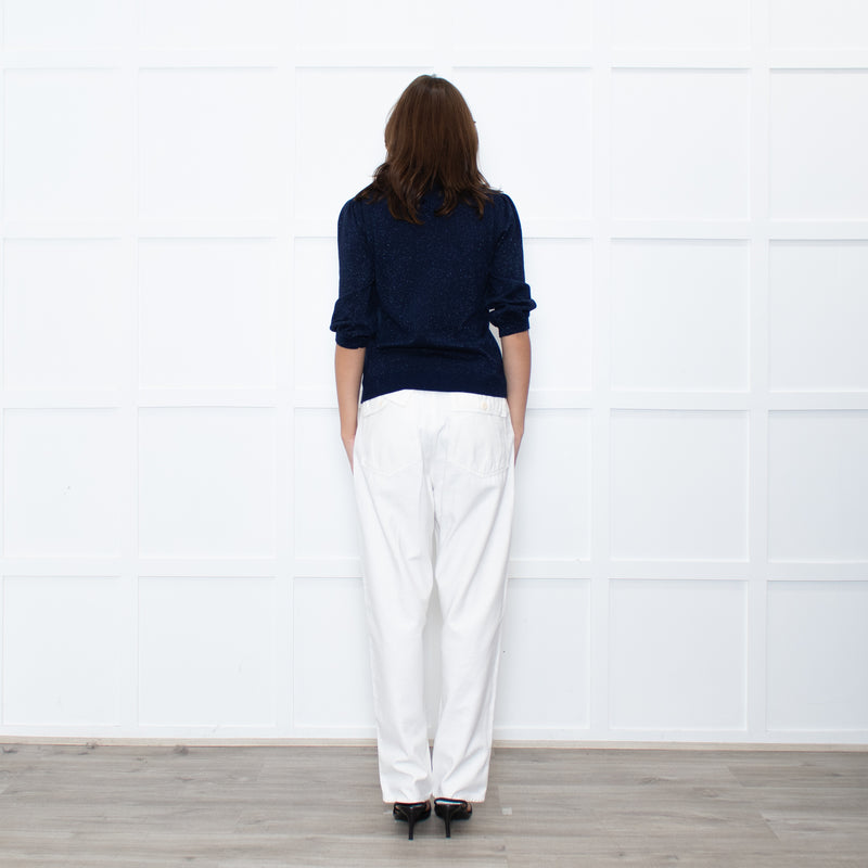 Wyse Navy Shimmer Frilled Trim Jumper