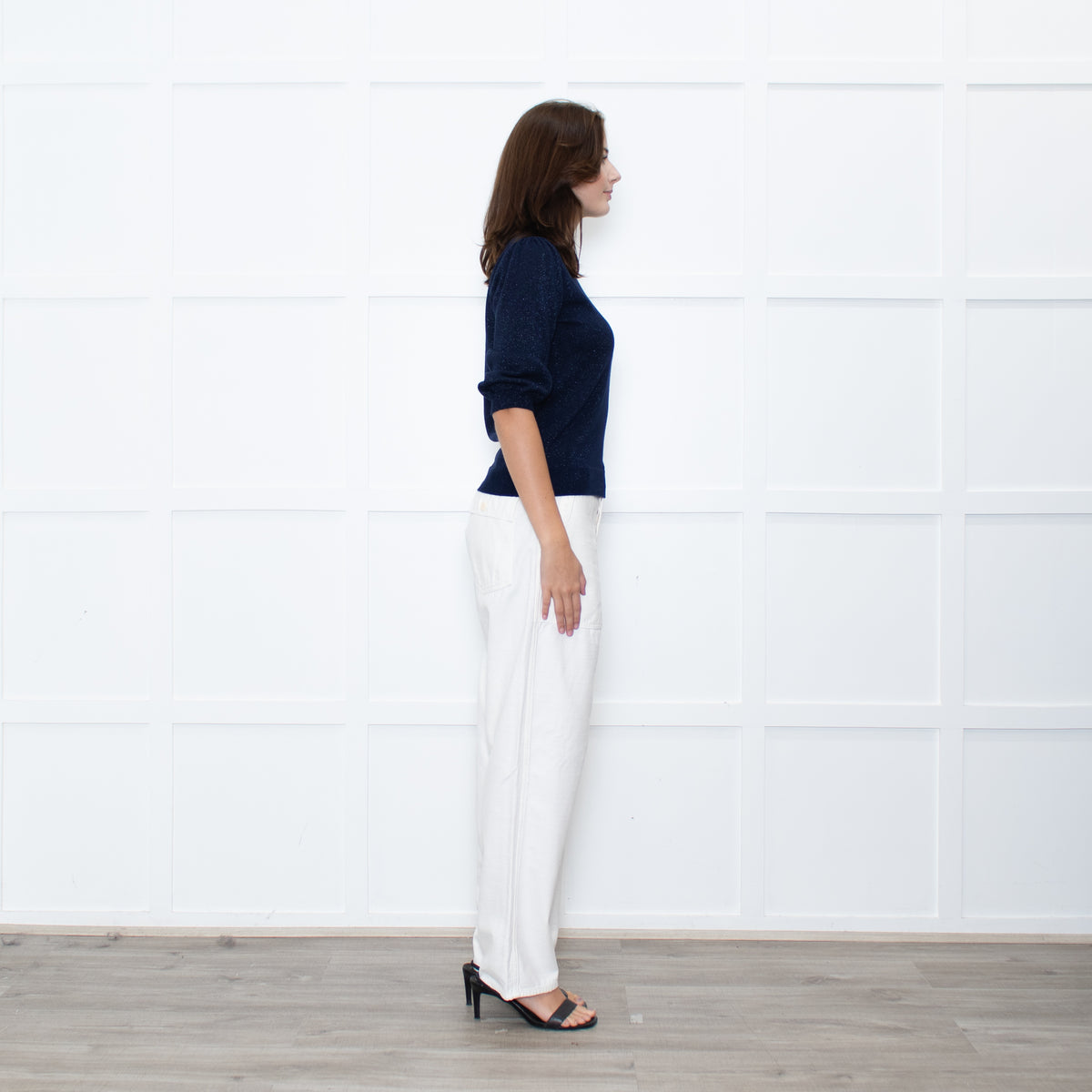 Wyse Navy Shimmer Frilled Trim Jumper