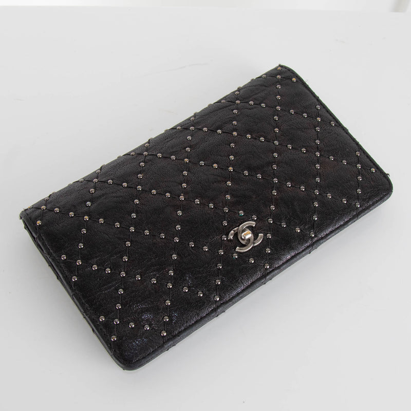 Chanel Black Silver Studs Calfskin Leather Wallet