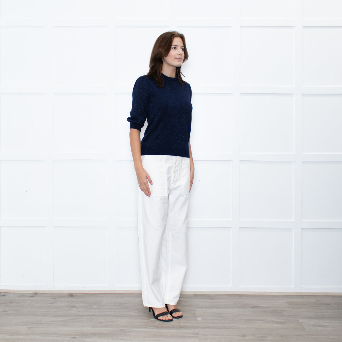 Wyse Navy Shimmer Frilled Trim Jumper