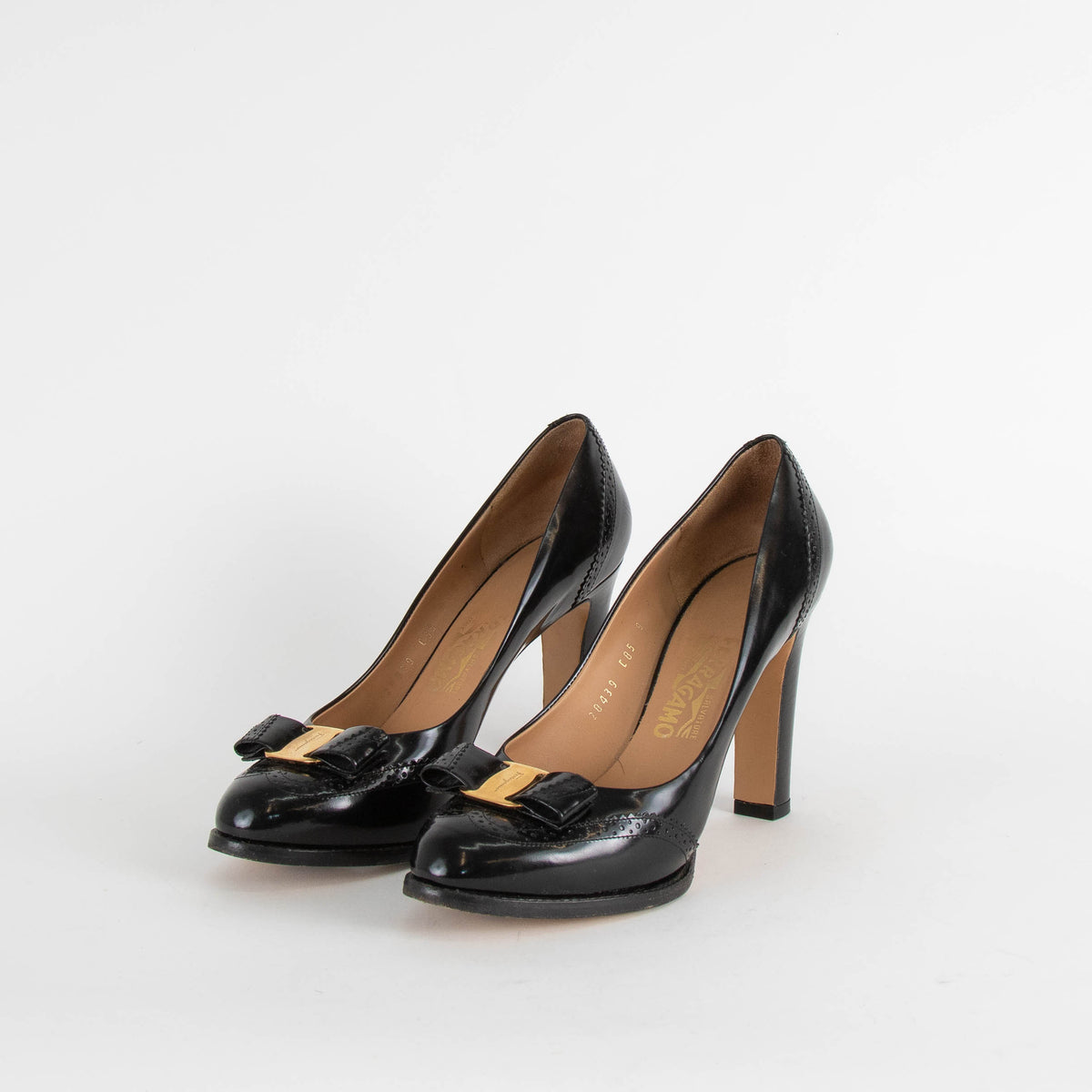 Salvatore Ferragamo Black Patent Heels with Logo Bow