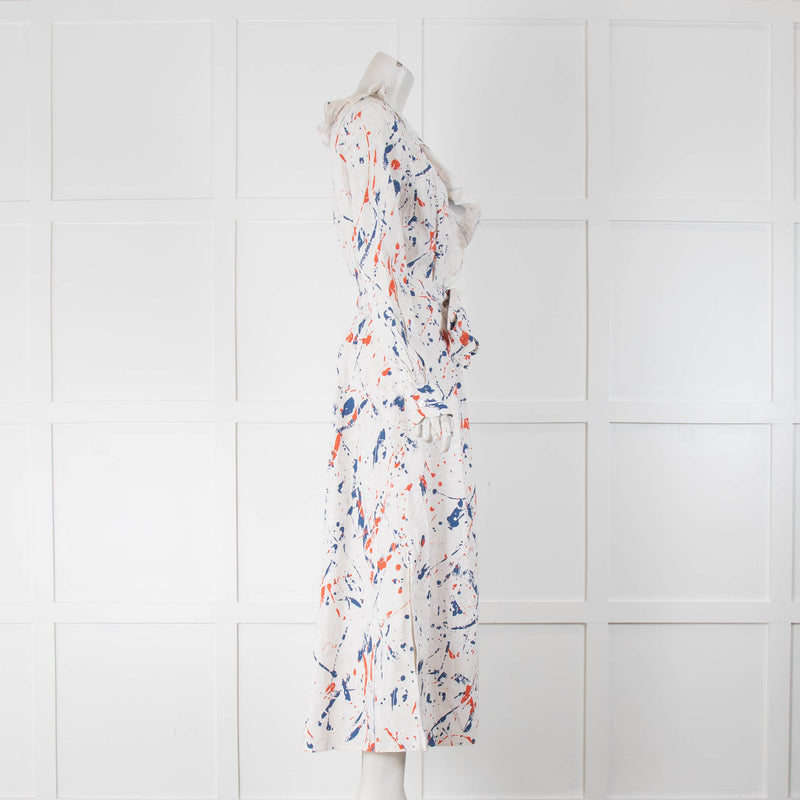 Ralph Lauren Purple Label White Blue Red Splatter Print Belted Midi Dress
