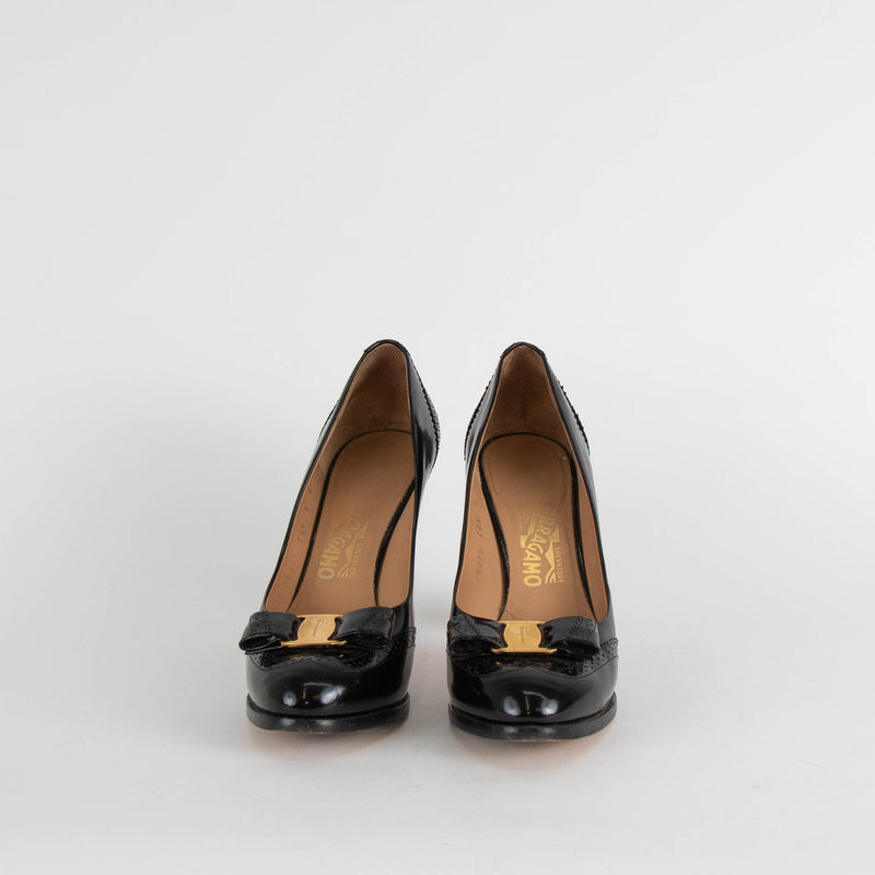 Salvatore Ferragamo Black Patent Heels with Logo Bow