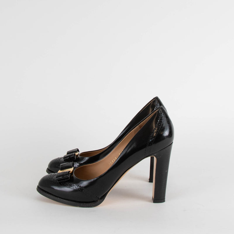 Salvatore Ferragamo Black Patent Heels with Logo Bow