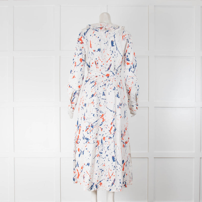 Ralph Lauren Purple Label White Blue Red Splatter Print Belted Midi Dress