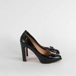 Salvatore Ferragamo Black Patent Heels with Logo Bow