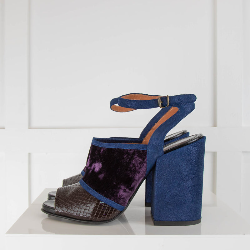 Dries Van Noten Blue Burgundy Block Heel Shoes