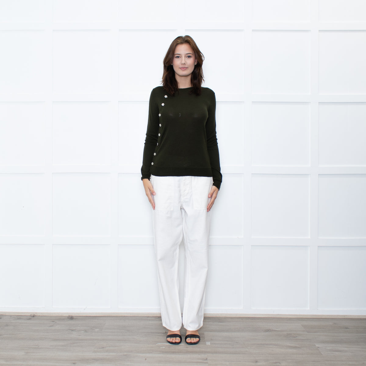 Altuzzara Khaki Silver Button Fine Wool Cardigan