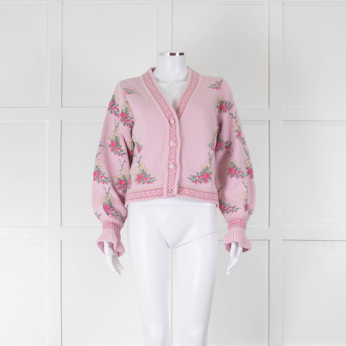 LoveShackFancy Pink Green Floral Wool Blend V Cardigan