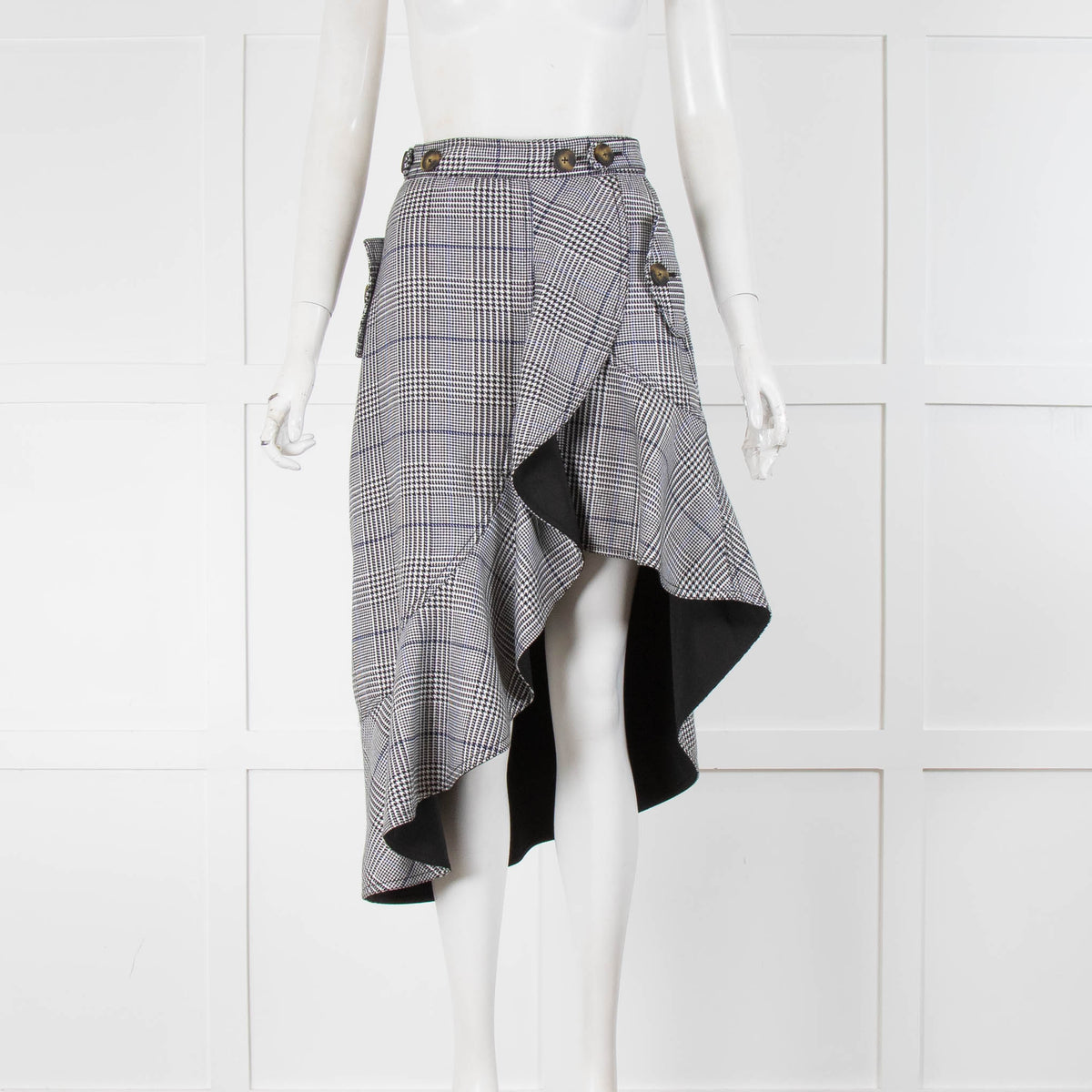 Self-Portrait White Black Check Peplum Asymmetric Skirt
