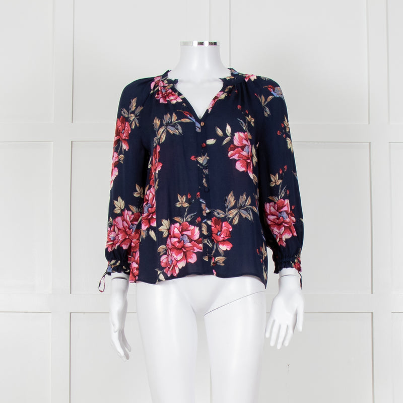 Joie Navy V Neck Pink Floral Print Blouse With Pleated Collar And Sleeves