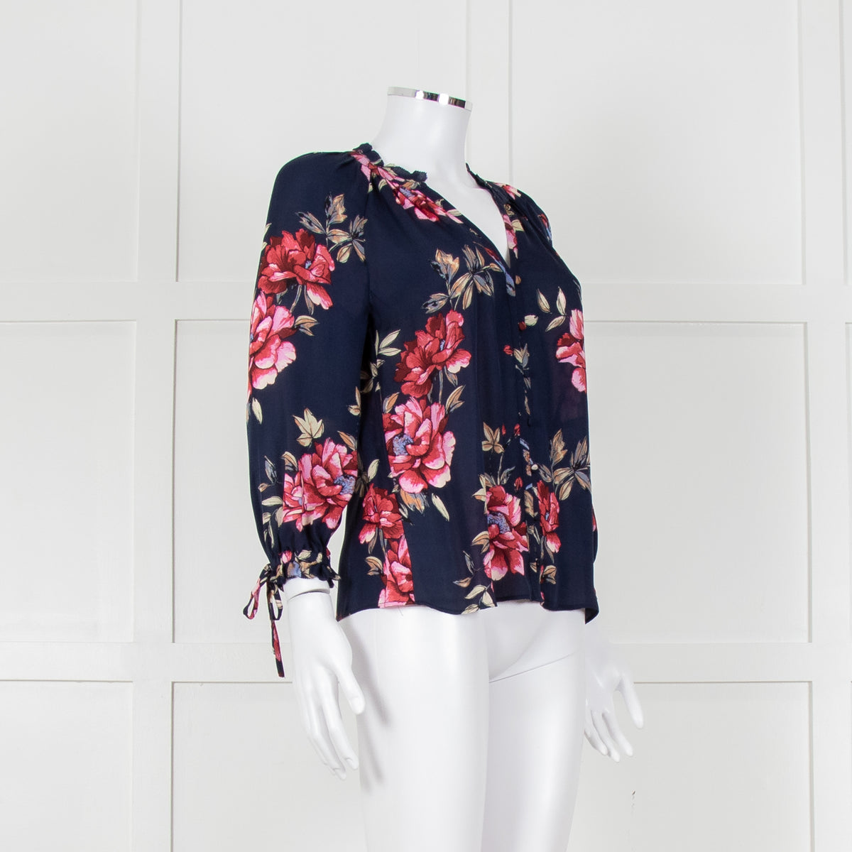 Joie Navy V Neck Pink Floral Print Blouse With Pleated Collar And Sleeves