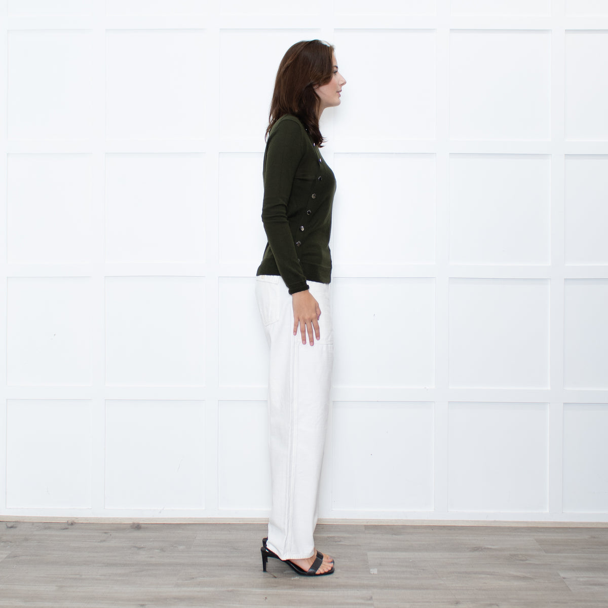 Altuzzara Khaki Silver Button Fine Wool Cardigan