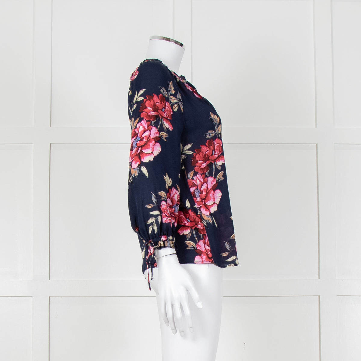 Joie Navy V Neck Pink Floral Print Blouse With Pleated Collar And Sleeves