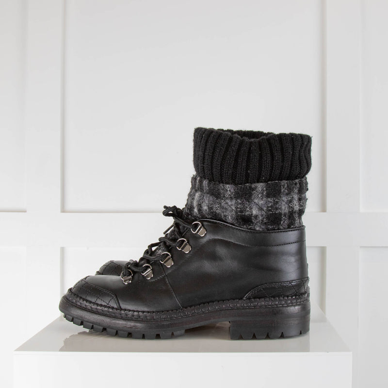 Chanel Black Leather Sock Combat Boots