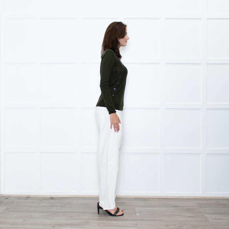 Altuzzara Khaki Silver Button Fine Wool Cardigan