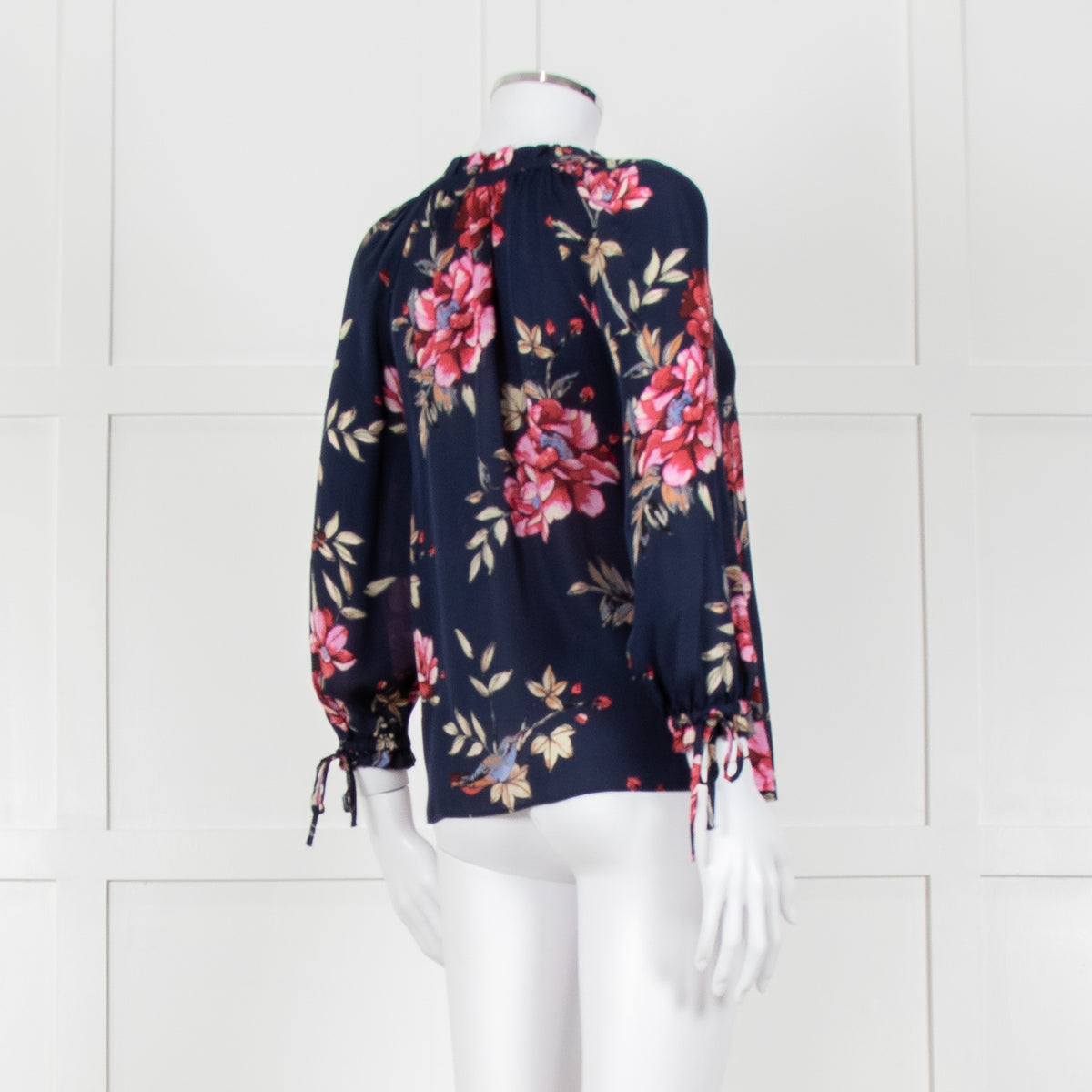 Joie Navy V Neck Pink Floral Print Blouse With Pleated Collar And Sleeves
