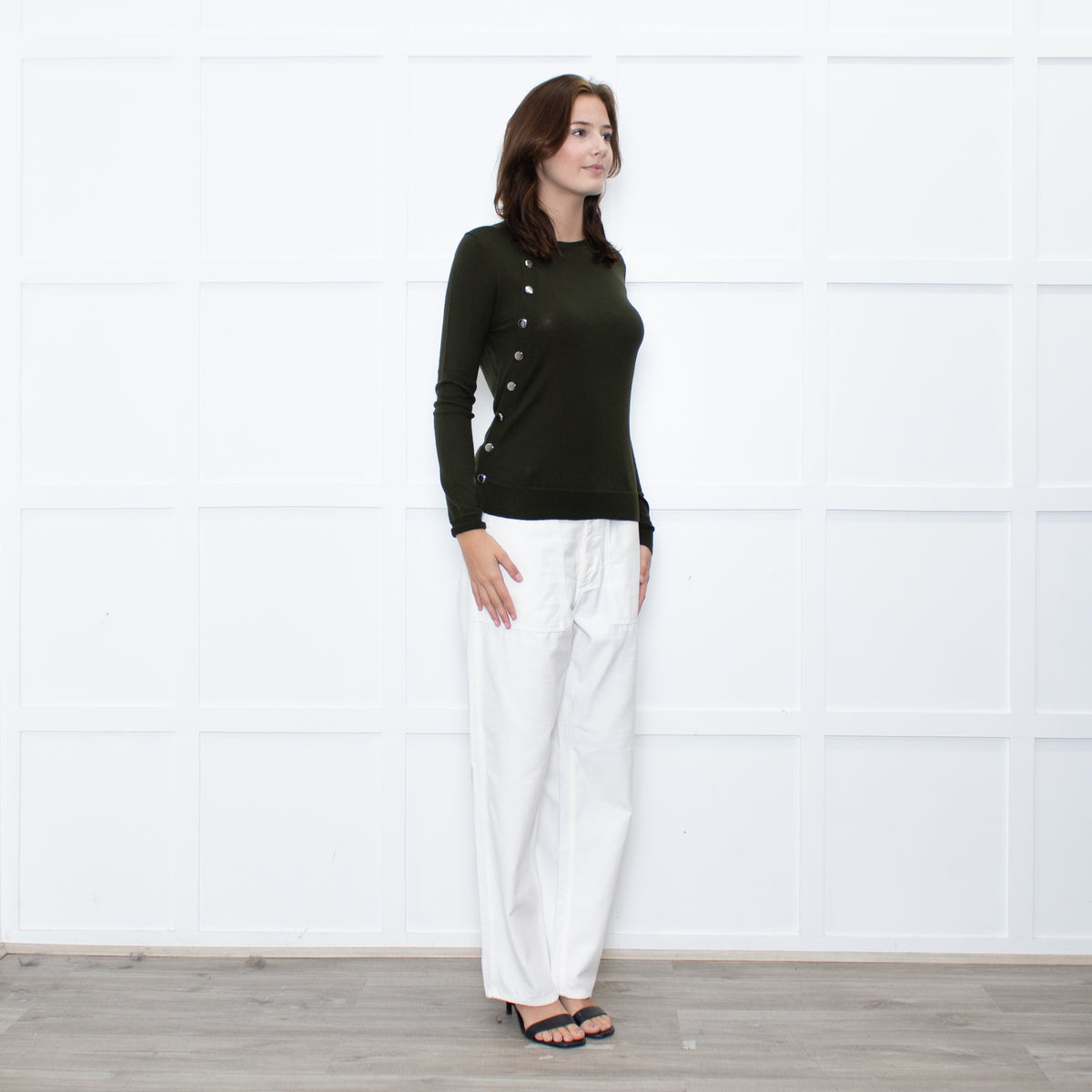Altuzzara Khaki Silver Button Fine Wool Cardigan