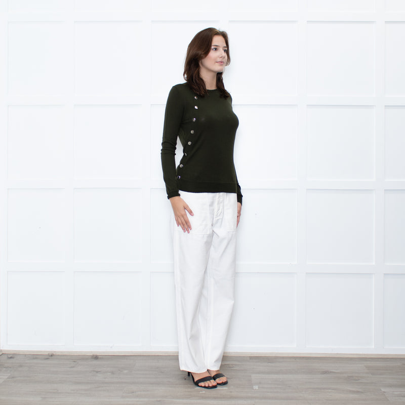 Altuzzara Khaki Silver Button Fine Wool Cardigan