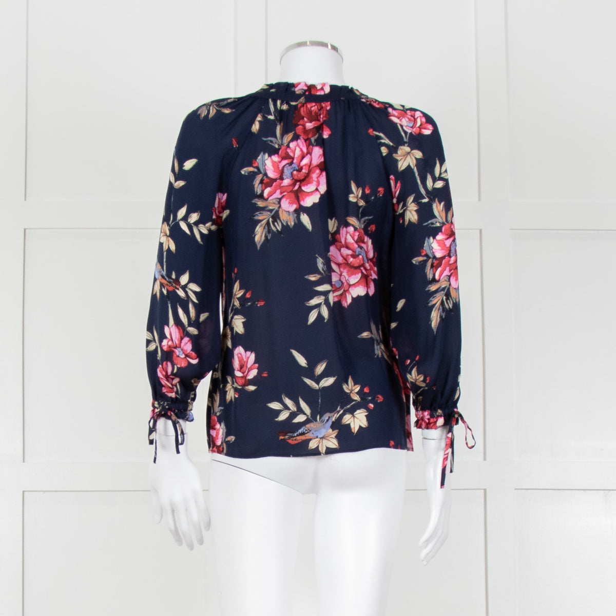 Joie Navy V Neck Pink Floral Print Blouse With Pleated Collar And Sleeves