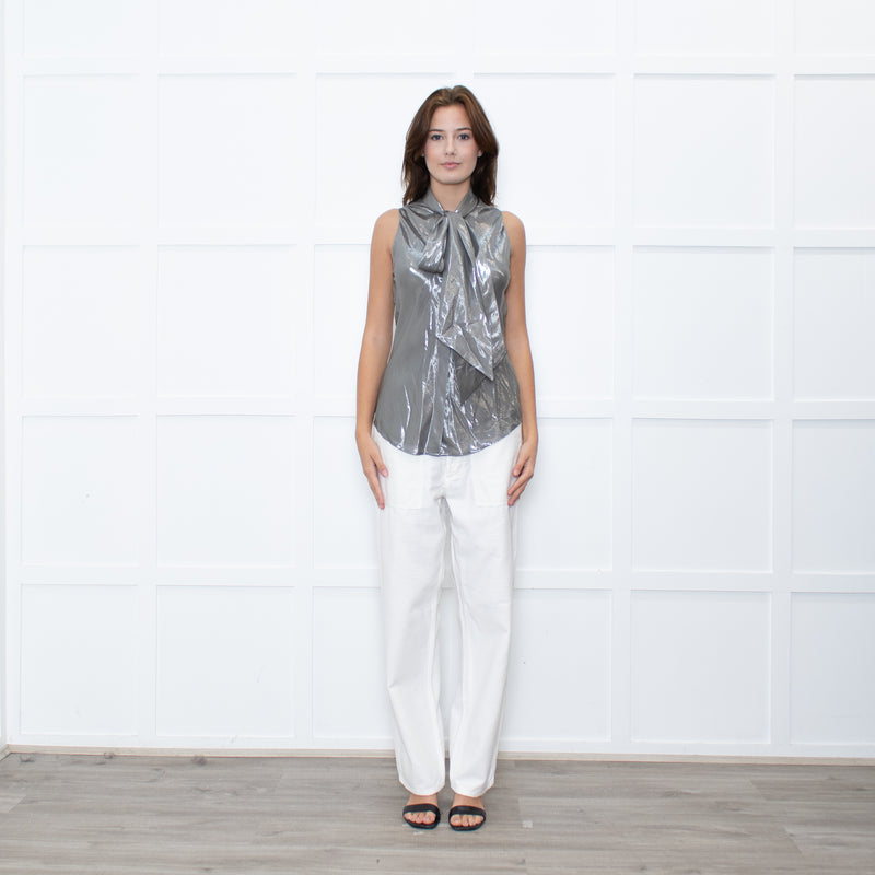 Ralph Lauren Silver Sleeveless Neck-Tie Top