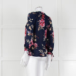 Joie Navy V Neck Pink Floral Print Blouse With Pleated Collar And Sleeves