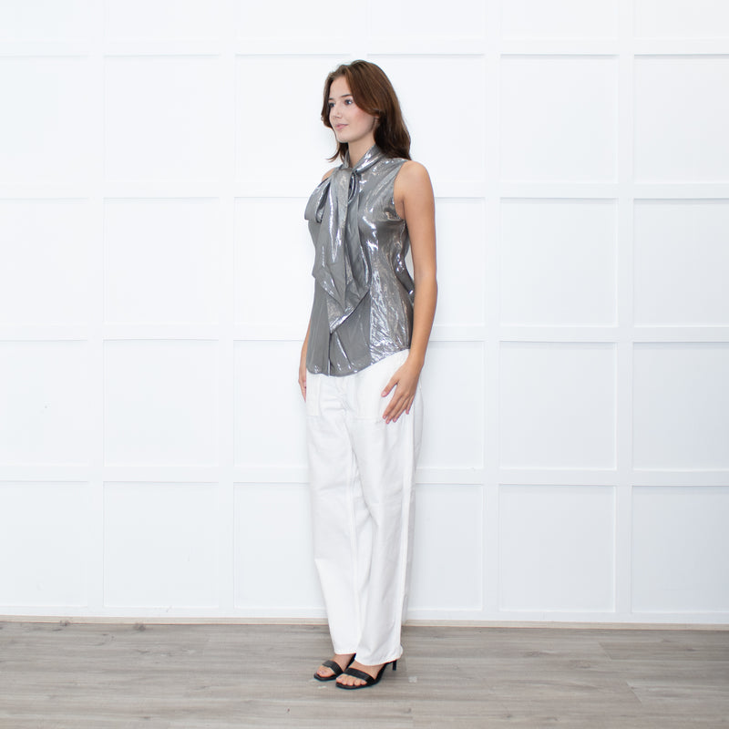 Ralph Lauren Silver Sleeveless Neck-Tie Top