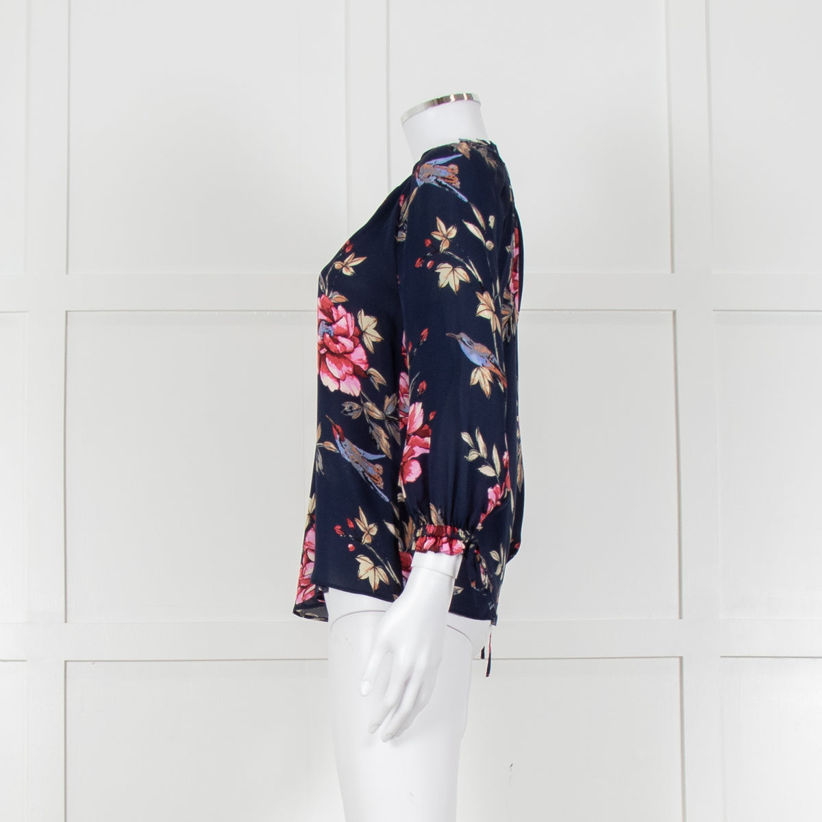 Joie Navy V Neck Pink Floral Print Blouse With Pleated Collar And Sleeves