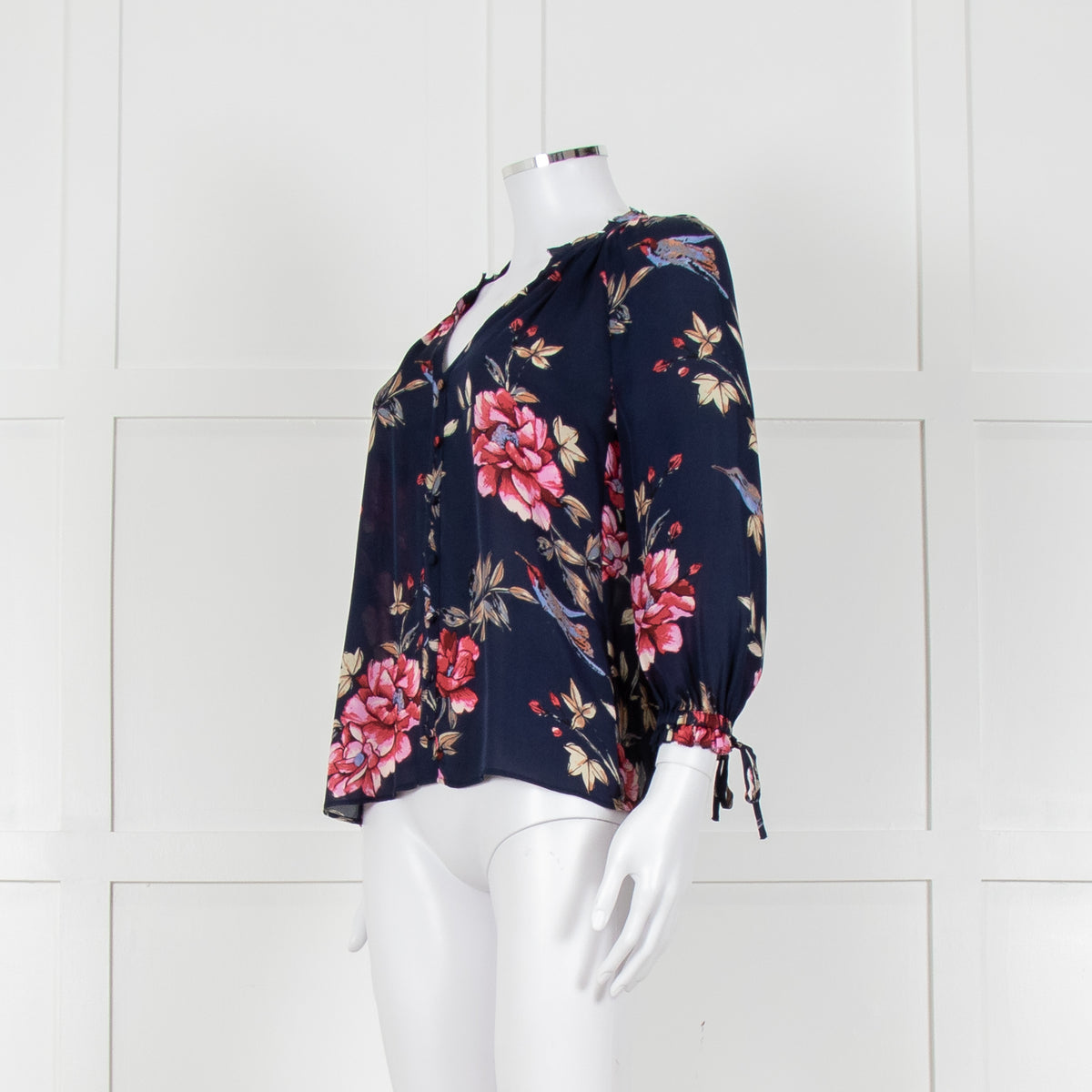Joie Navy V Neck Pink Floral Print Blouse With Pleated Collar And Sleeves