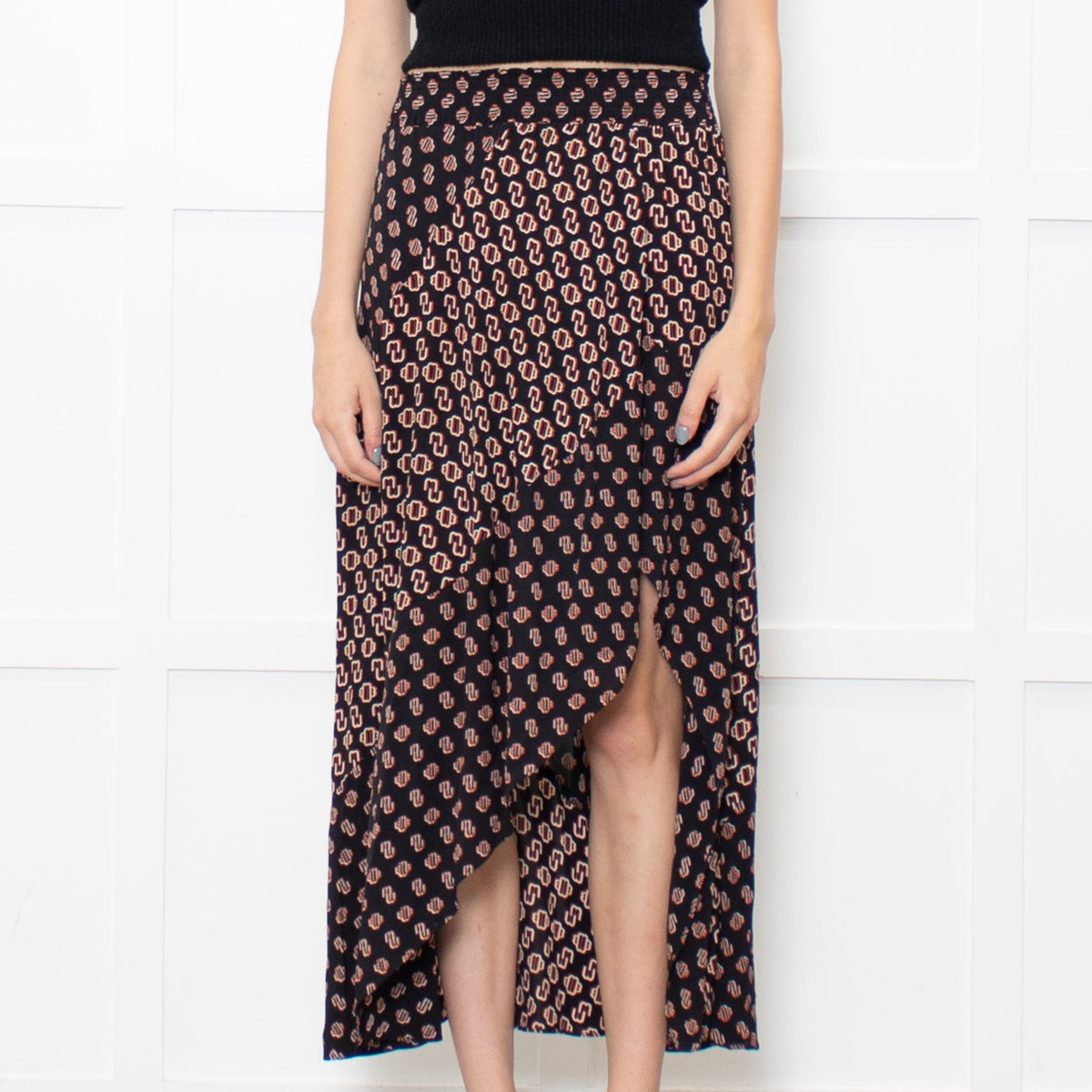 Maje Black Red Print Symmetric Skirt