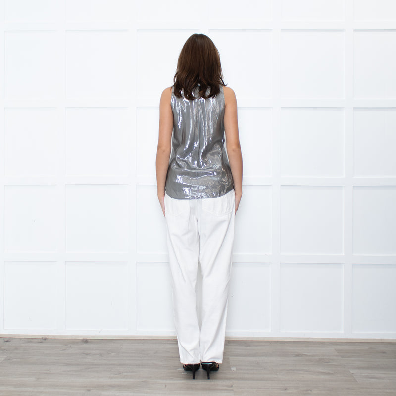 Ralph Lauren Silver Sleeveless Neck-Tie Top