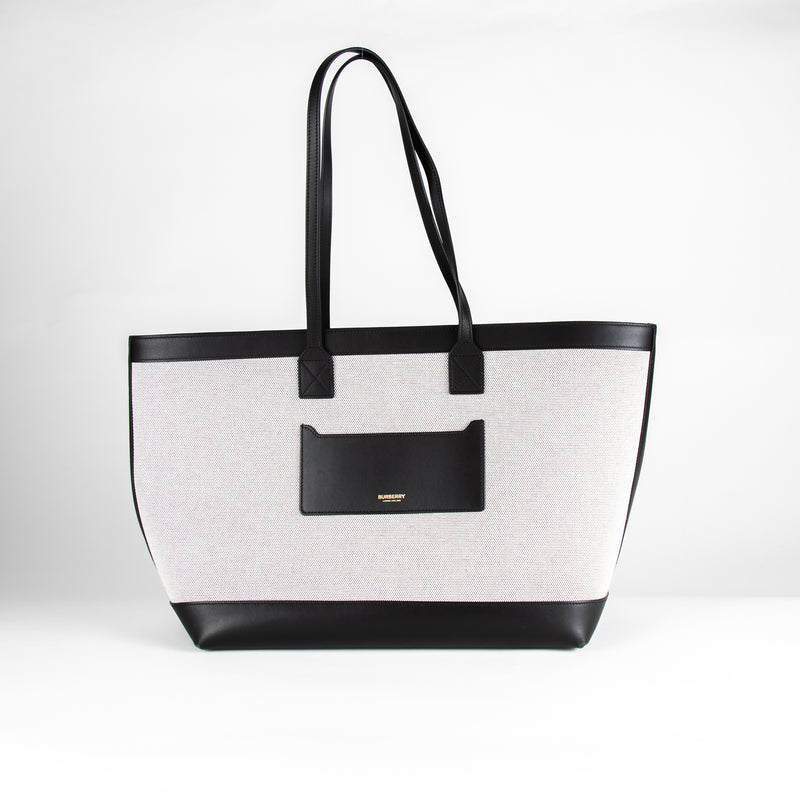 Burberry Cream Canvas Black Leather Trim Large Tote Bag