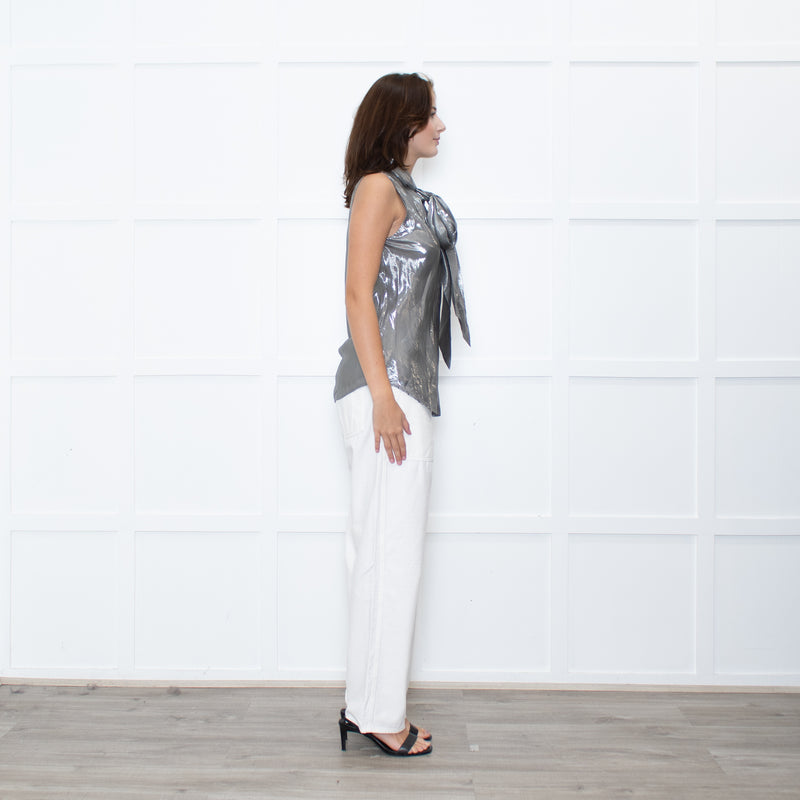 Ralph Lauren Silver Sleeveless Neck-Tie Top