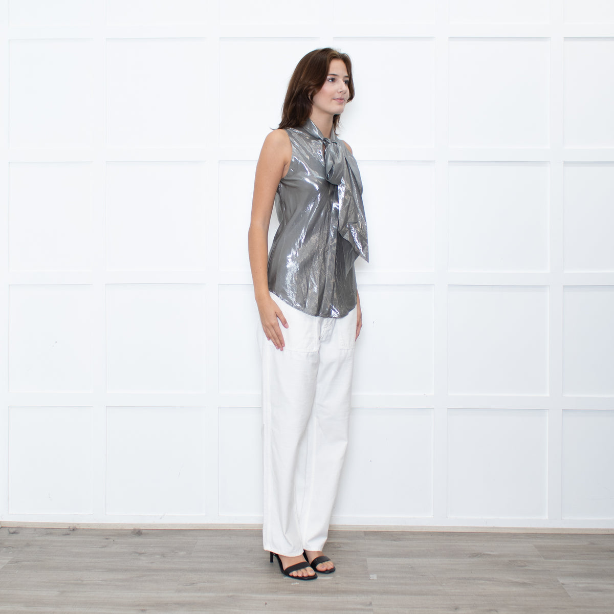 Ralph Lauren Silver Sleeveless Neck-Tie Top