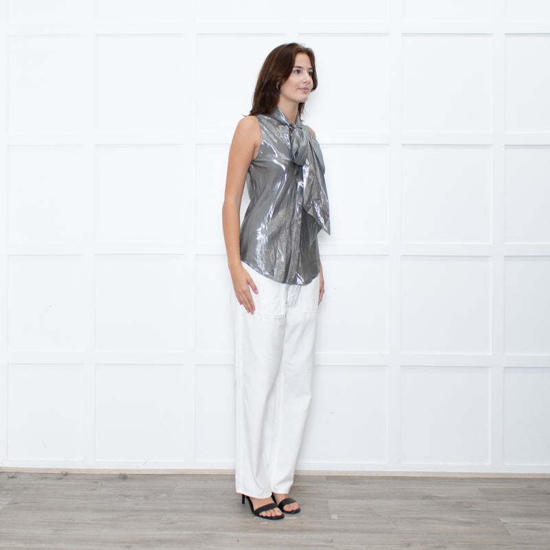 Ralph Lauren Silver Sleeveless Neck-Tie Top
