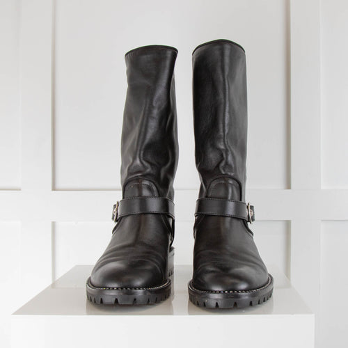 Christian Dior Black Leather Biker Boots with Rhinestone Soles