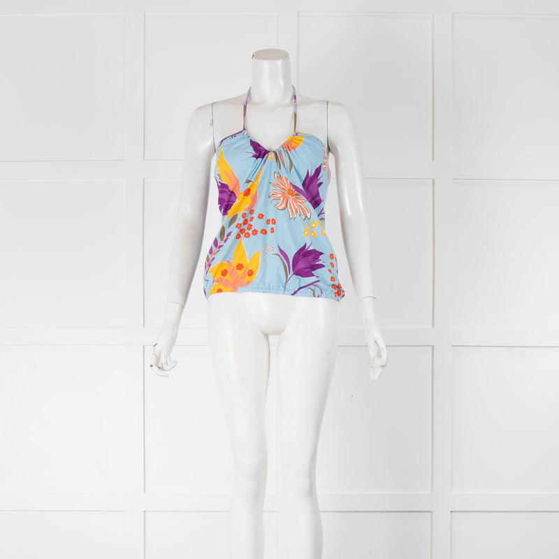 Missoni Light Blue Purple Yellow Floral Halter Neck Top