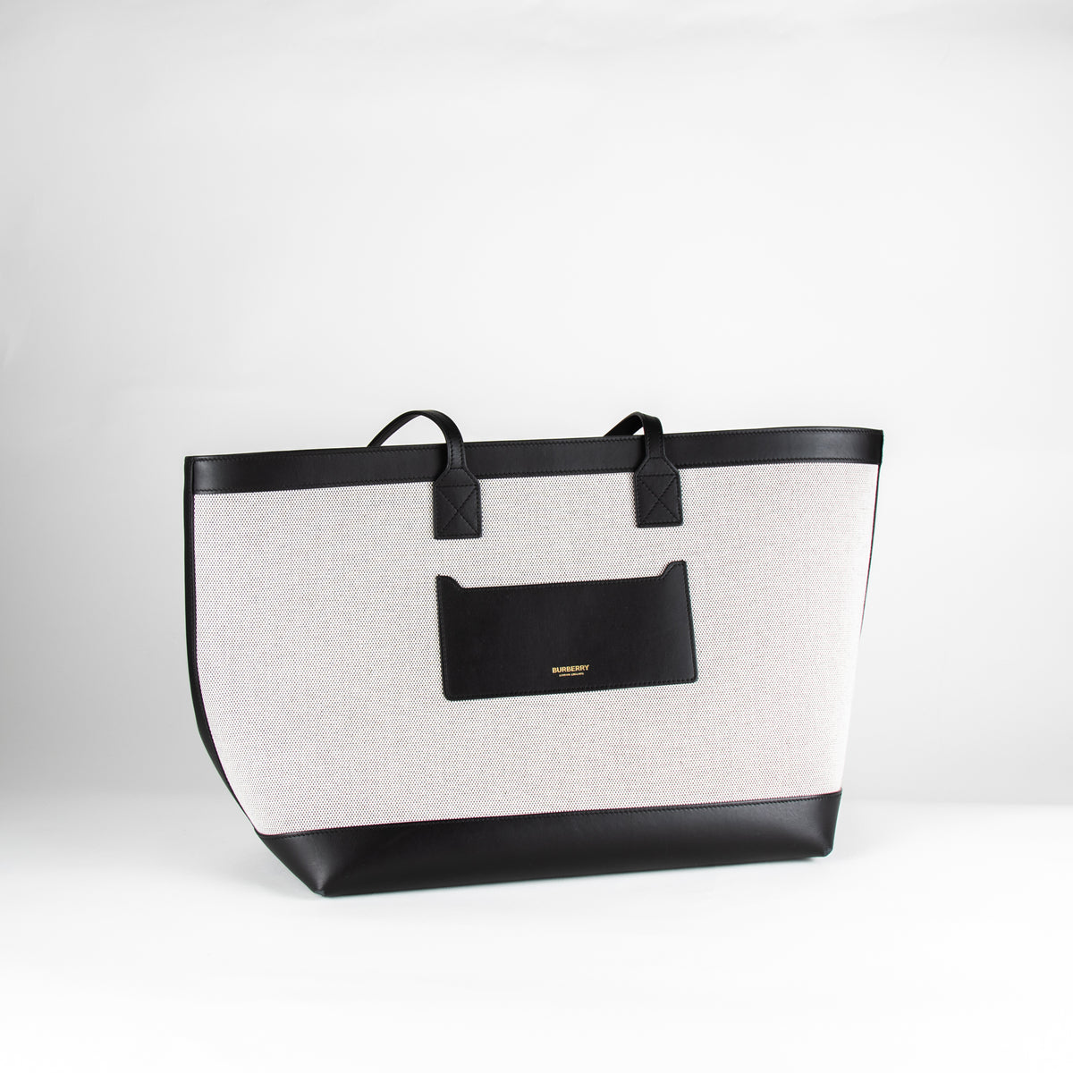 Burberry Cream Canvas Black Leather Trim Large Tote Bag